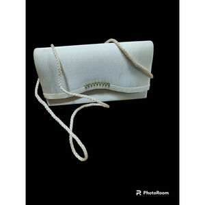 Beige satin and rhinestone clutch evening purse